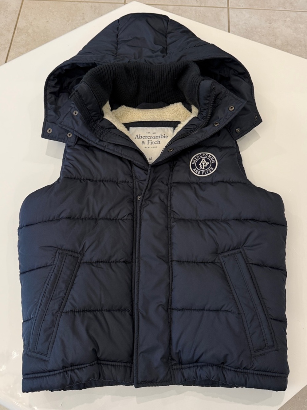 Abercrombie & Fitch Navy Hooded Puffer Vest with Sherpa Collar